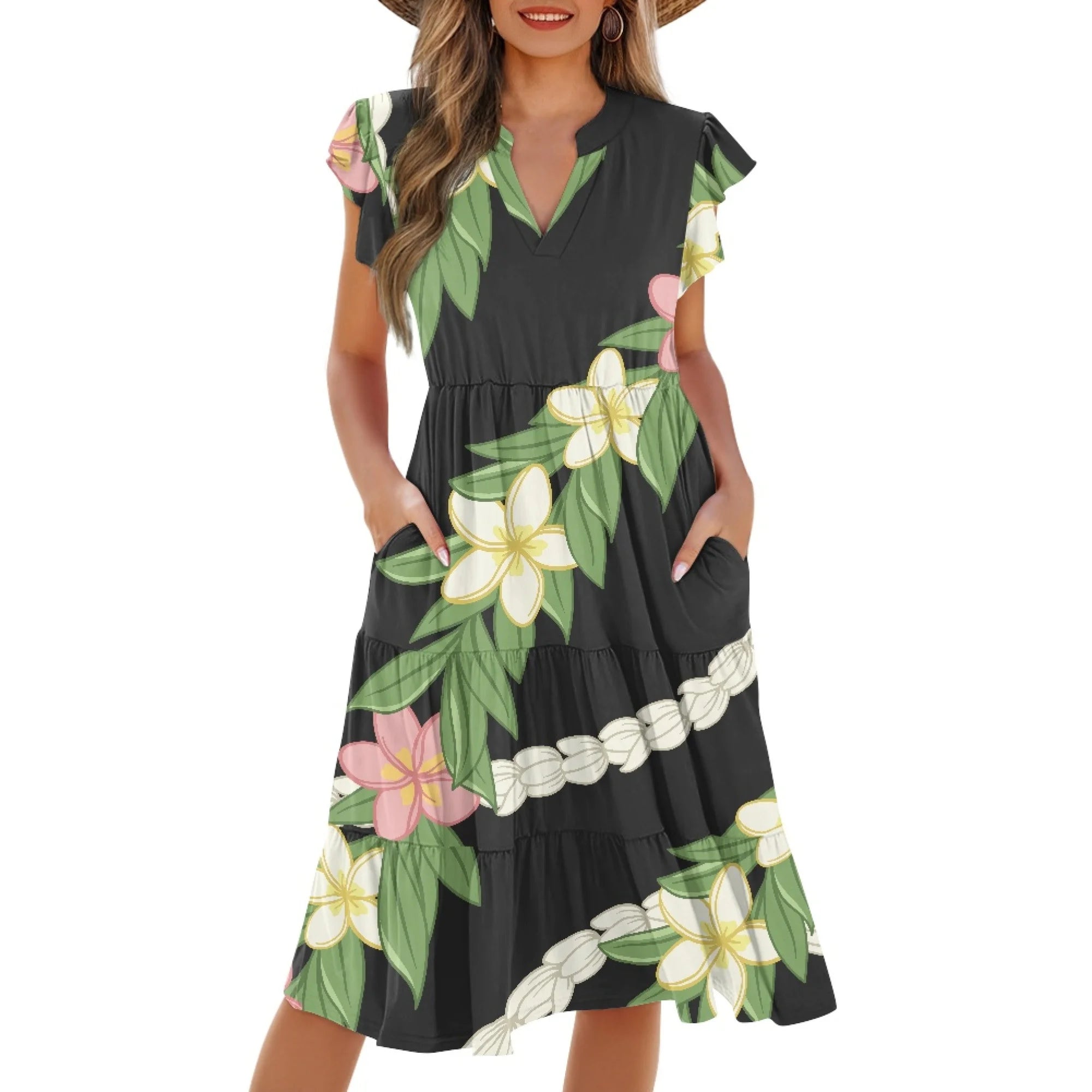 Print on Demand Wholesale Hawaii Beautiful Women's Plus Size Wrap v Neck Short Sleeve Ruffle Hem a Line Short Dress with Pockets
