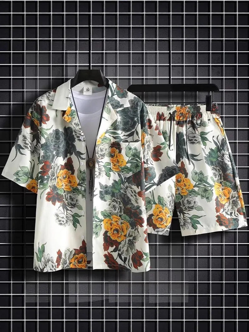 Hainan Beach Suit for Men Summer Casual Floral Poplin Short-Sleeved Shirt Anti-Pilling for Sanya Travel and Seaside Holidays