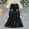 Spring Vintage O-Neck Tunic Slim Pleated Midi Dress For Women Empire Patchwork Lace Dress