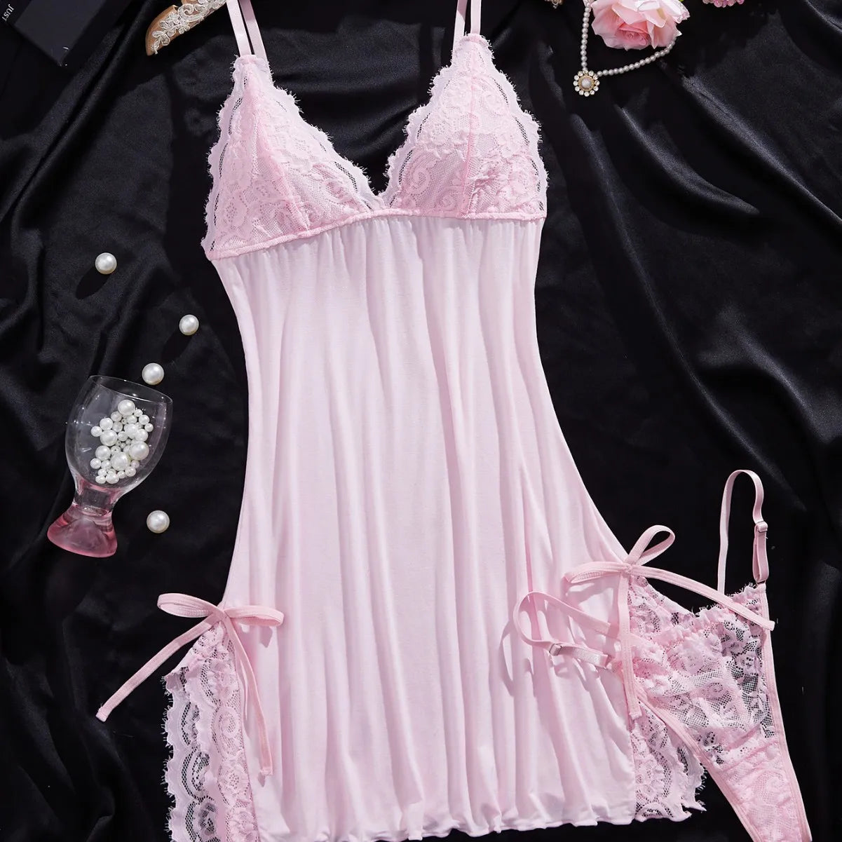 Sexy Lace Sleepwear Two Pieces Set Dress and Thong Lingerie Set Lace up Sexy Night Underwear