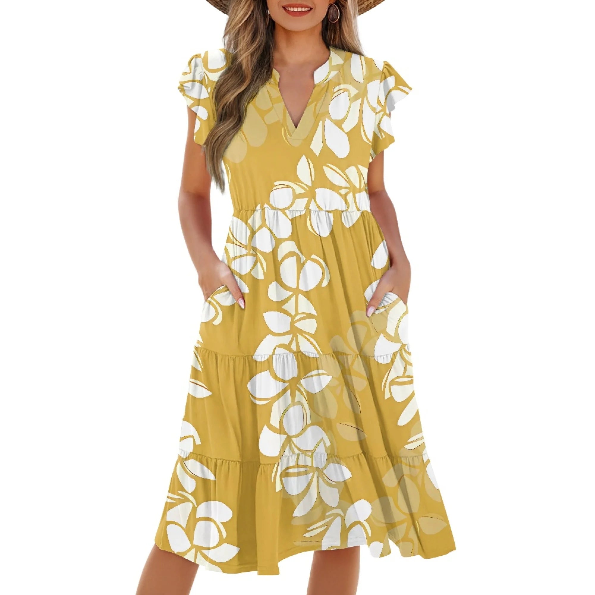 Print on Demand Wholesale Hawaii Beautiful Women's Plus Size Wrap v Neck Short Sleeve Ruffle Hem a Line Short Dress with Pockets