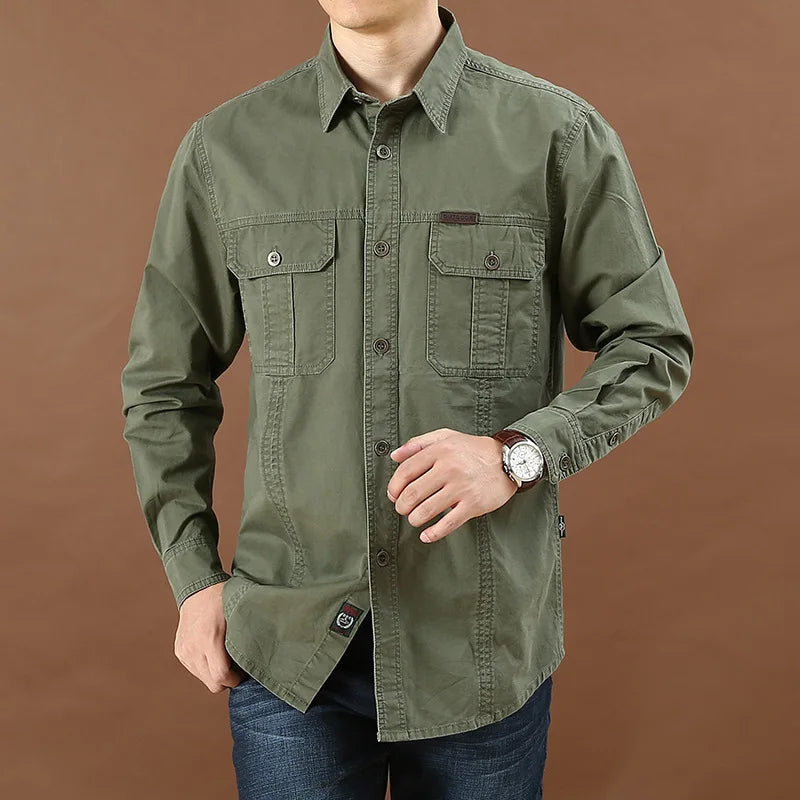 M-6XL New Fashion Men Spring Autumn Shirts Cotton Workwear Pockets Button Lapel Plus Size Long Sleeve Tops Blouse Casual Shirt