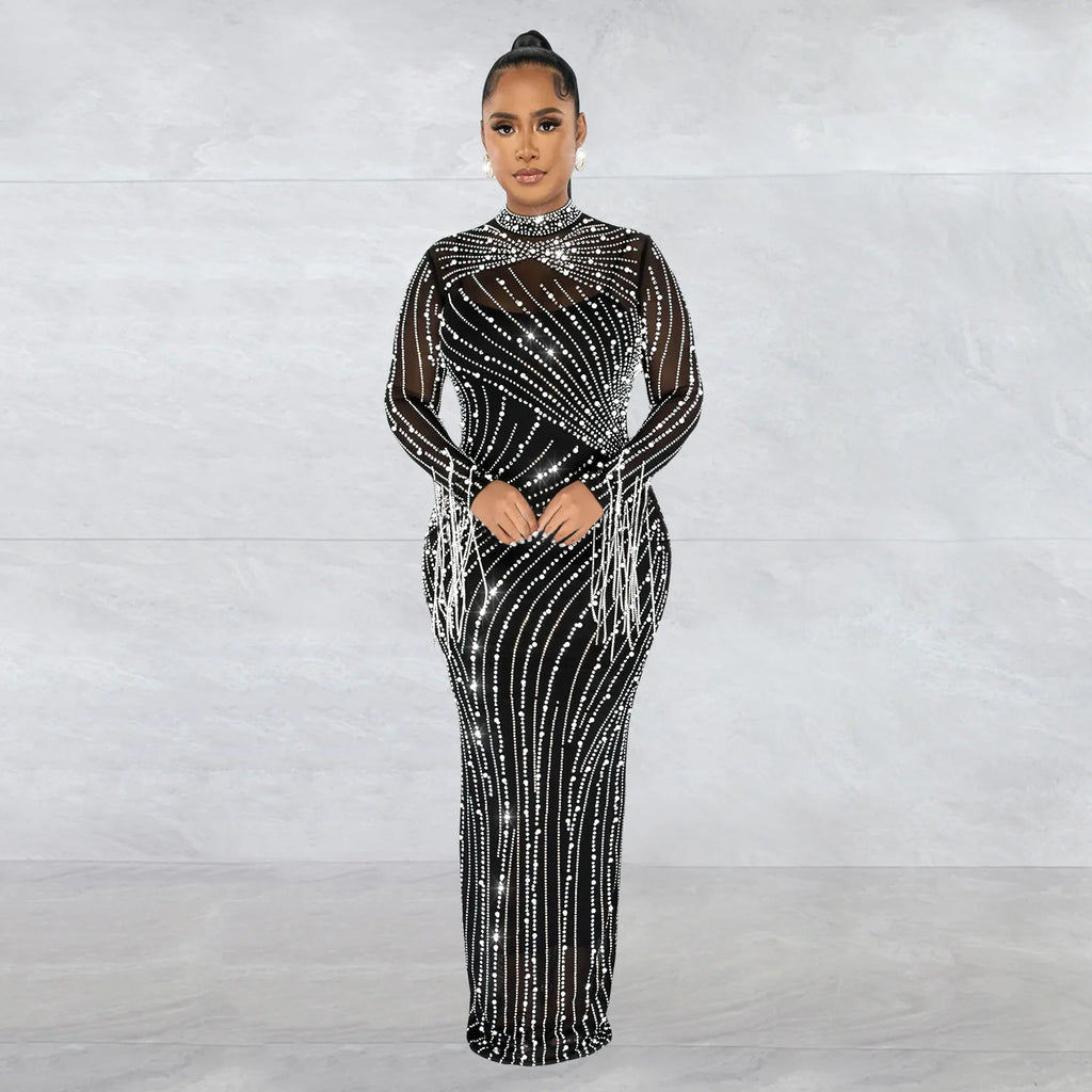 Women's Fashion Embroidery Hot Drill African Dress XL Chiffon Mesh with Feathers for Dinner Parties and Clubs