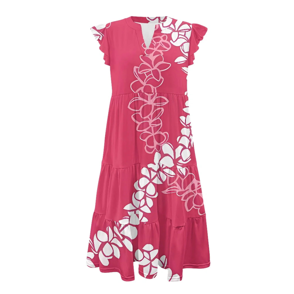 Print on Demand Wholesale Hawaii Beautiful Women's Plus Size Wrap v Neck Short Sleeve Ruffle Hem a Line Short Dress with Pockets