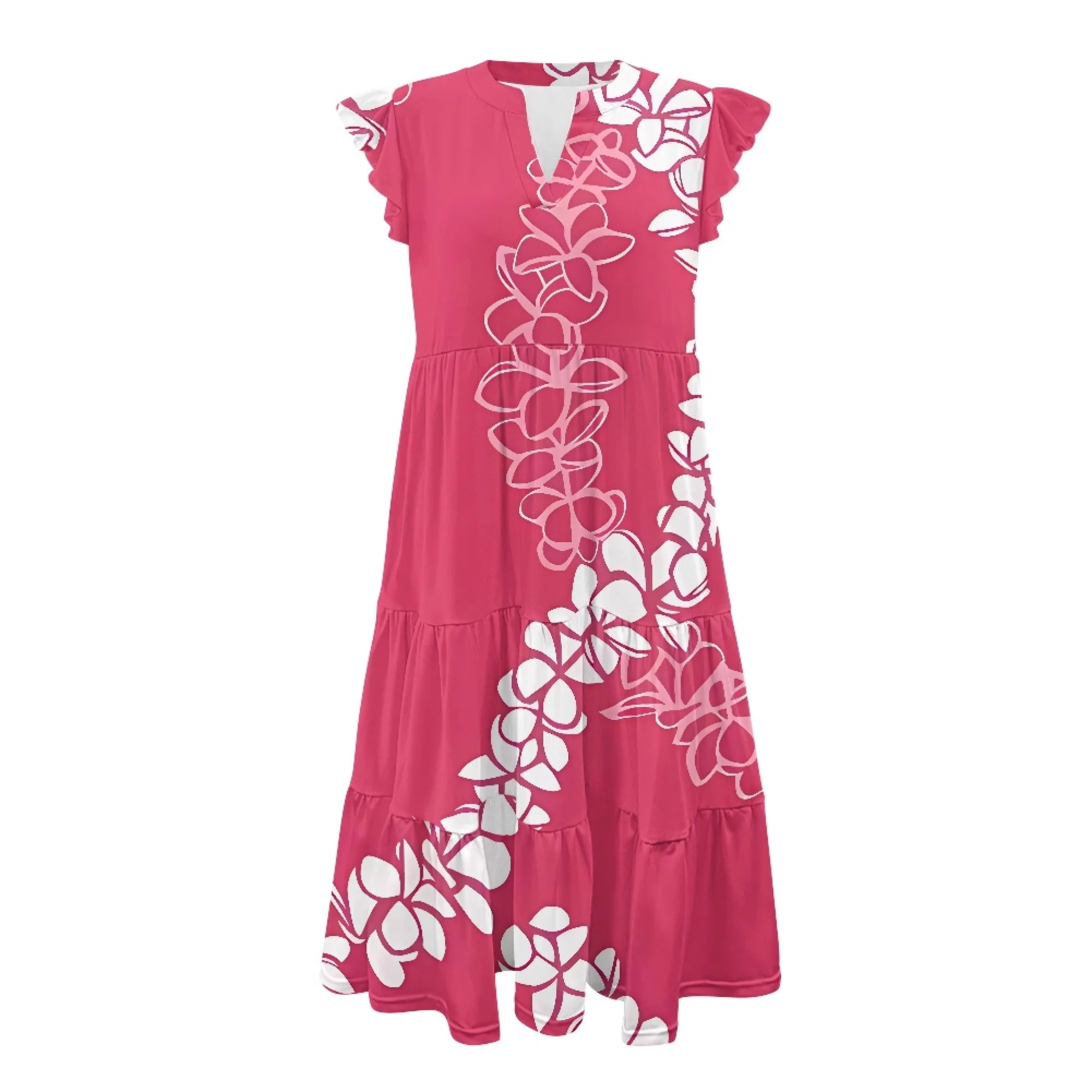 Print on Demand Wholesale Hawaii Beautiful Women's Plus Size Wrap v Neck Short Sleeve Ruffle Hem a Line Short Dress with Pockets