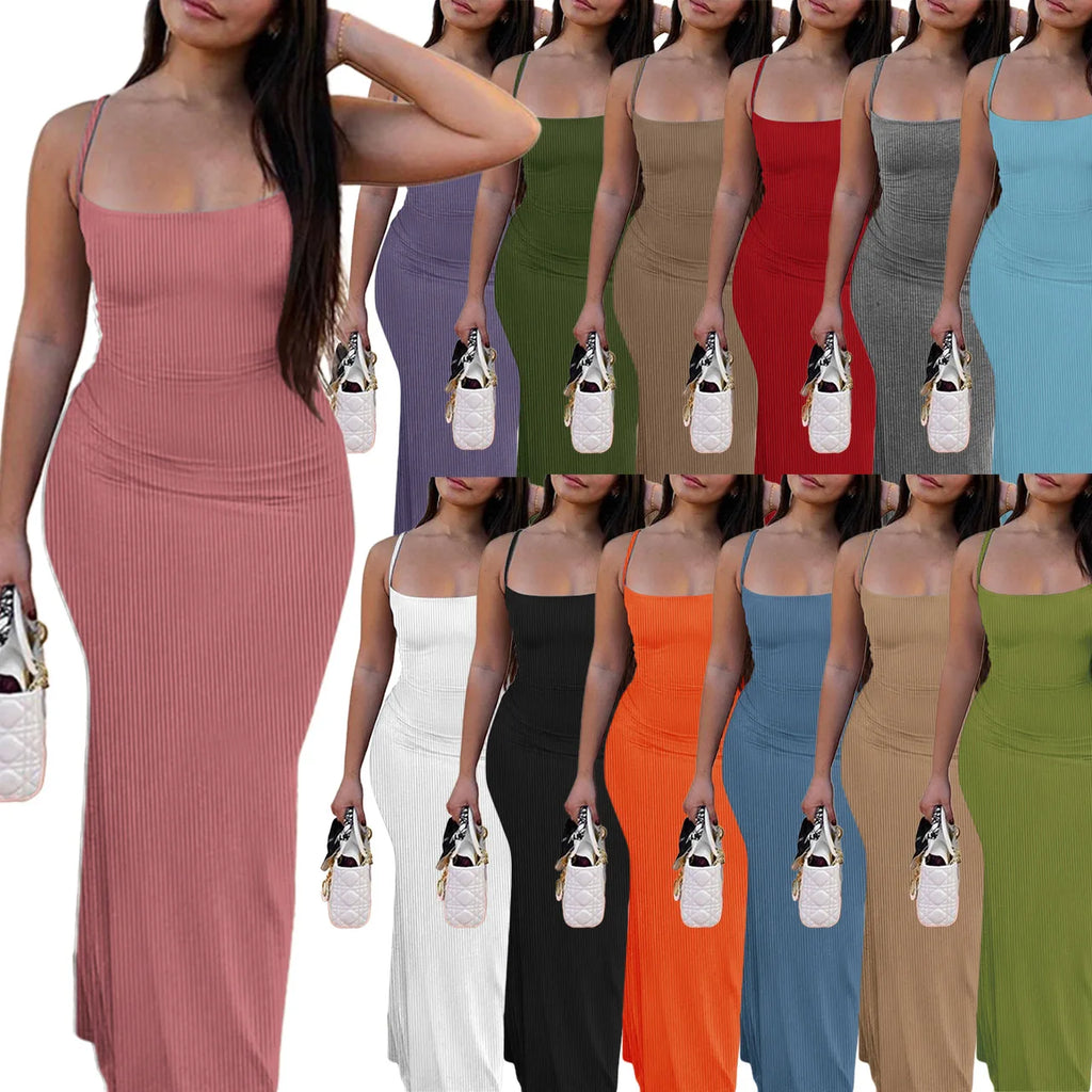 Wholesale 2023 Summer Suspenders Thread Solid Color Sexy Long Dress Women Wrap Sheath Bodycon Casual Dresses