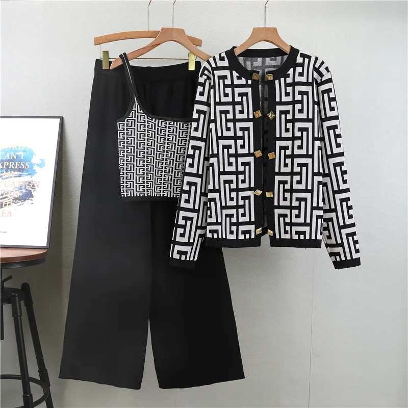 New 2026 European Autumn Chic Solid Loose Design Knit Sweater +Vest+ Pants Women's 3 Pieces Sets Clothing