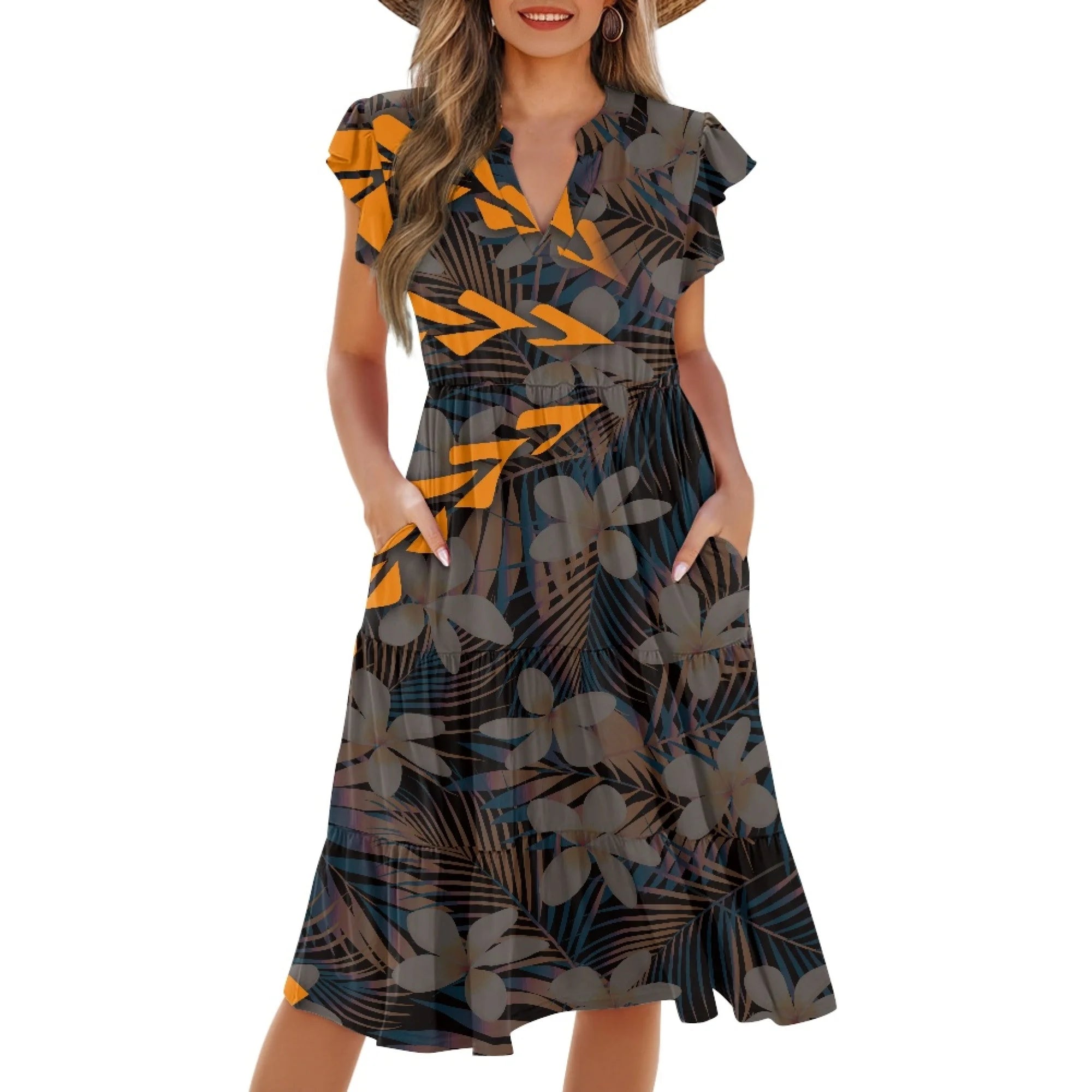 Print on Demand Wholesale Hawaii Beautiful Women's Plus Size Wrap v Neck Short Sleeve Ruffle Hem a Line Short Dress with Pockets