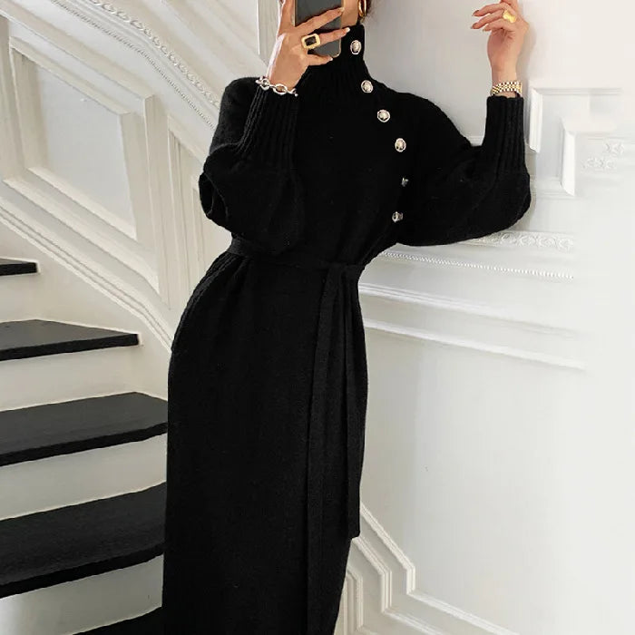 French Style Autumn Winter New Simple Solid Color Women's Elegant Anti-Wrinkle 100% Polyester Sweater Dress Clothing Elastic