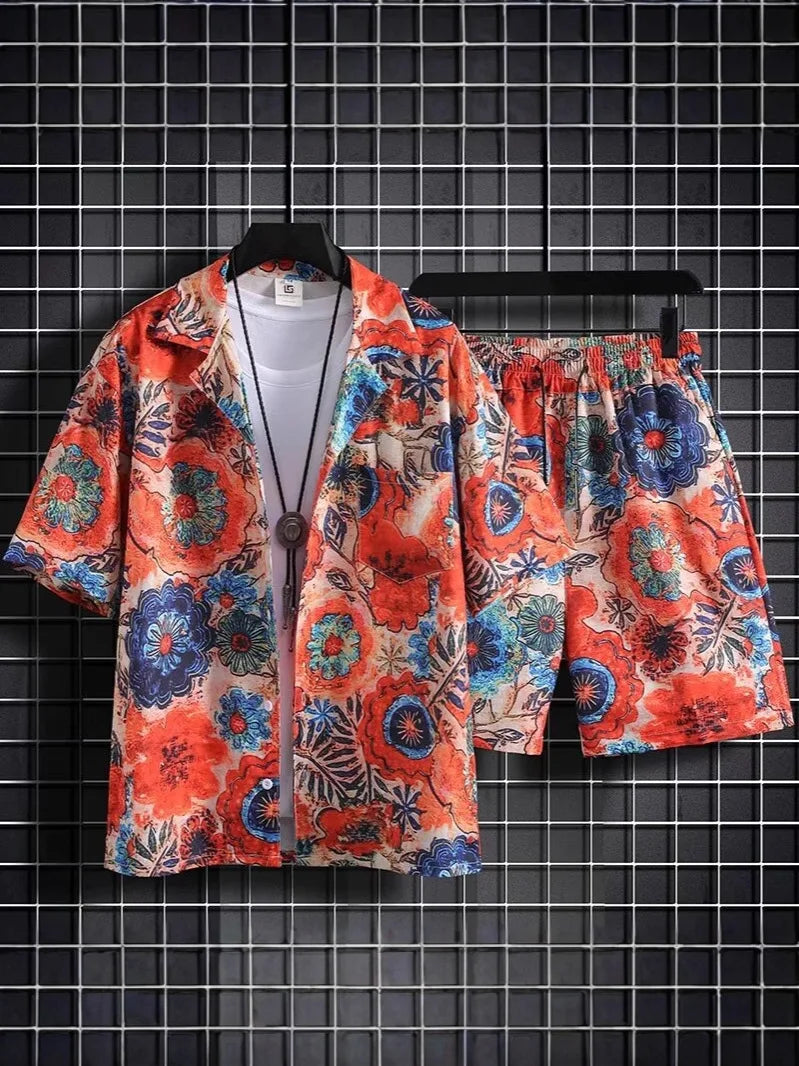 Hainan Beach Suit for Men Summer Casual Floral Poplin Short-Sleeved Shirt Anti-Pilling for Sanya Travel and Seaside Holidays