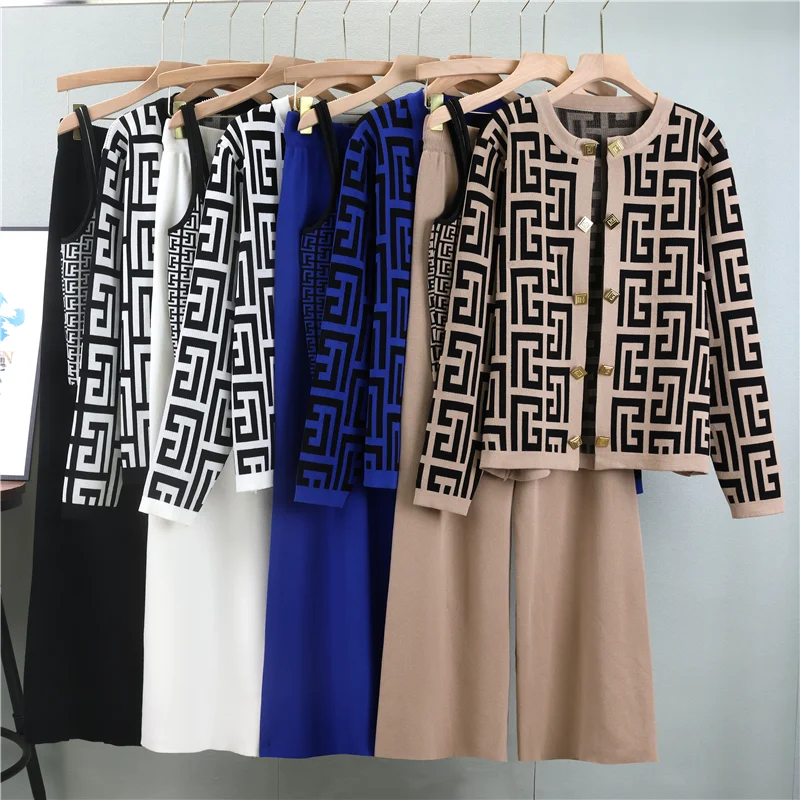 New 2026 European Autumn Chic Solid Loose Design Knit Sweater +Vest+ Pants Women's 3 Pieces Sets Clothing
