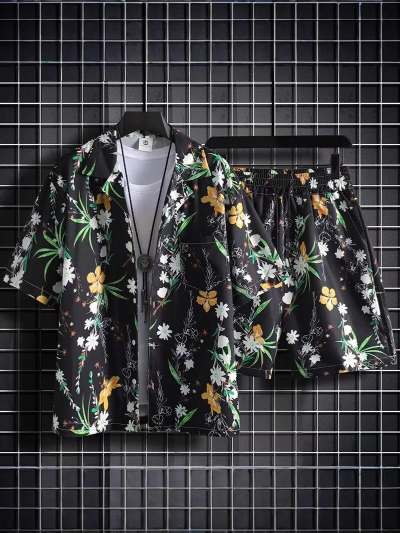 Hainan Beach Suit for Men Summer Casual Floral Poplin Short-Sleeved Shirt Anti-Pilling for Sanya Travel and Seaside Holidays