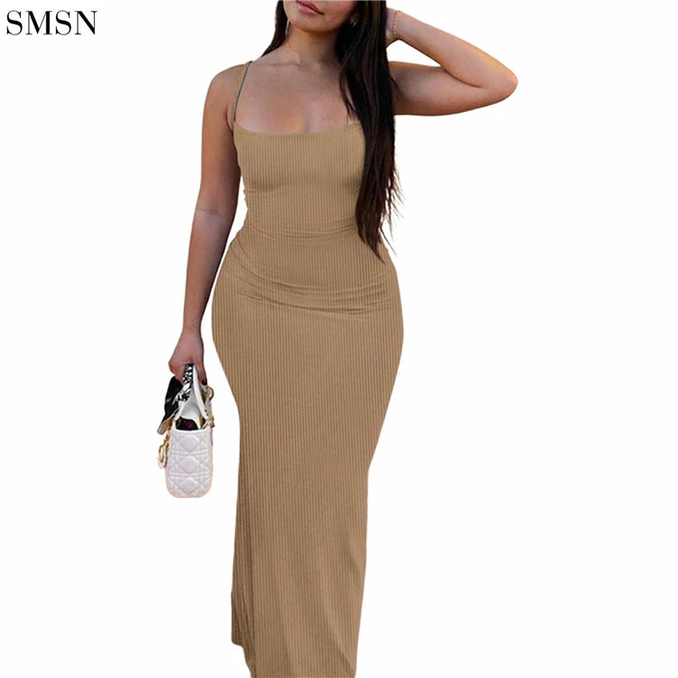 Wholesale 2023 Summer Suspenders Thread Solid Color Sexy Long Dress Women Wrap Sheath Bodycon Casual Dresses