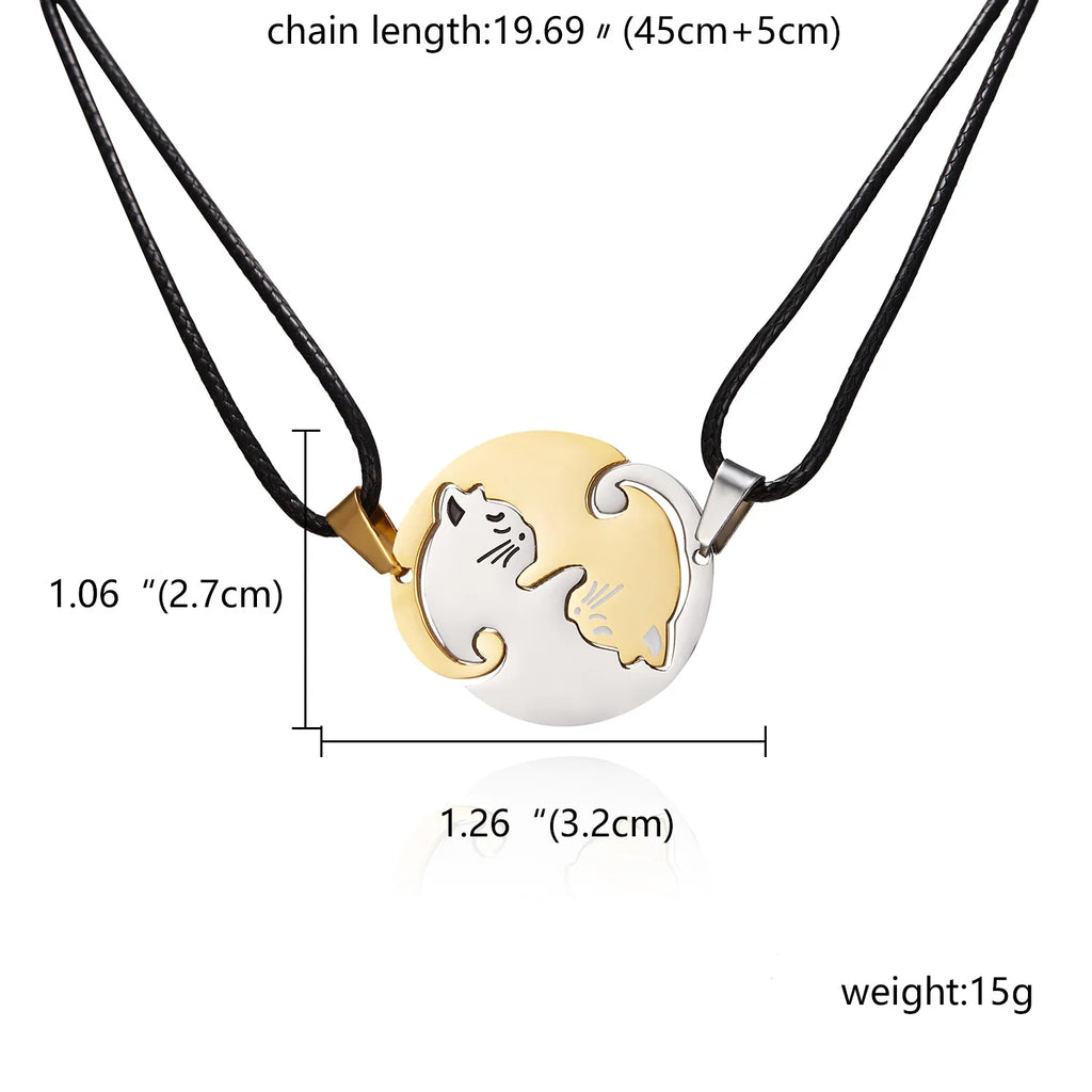 Fashionable Couple Necklaces Stainless Steel Black White Cat Good Luck Heart Pendant Necklace for Best Friends Gift Jewelry