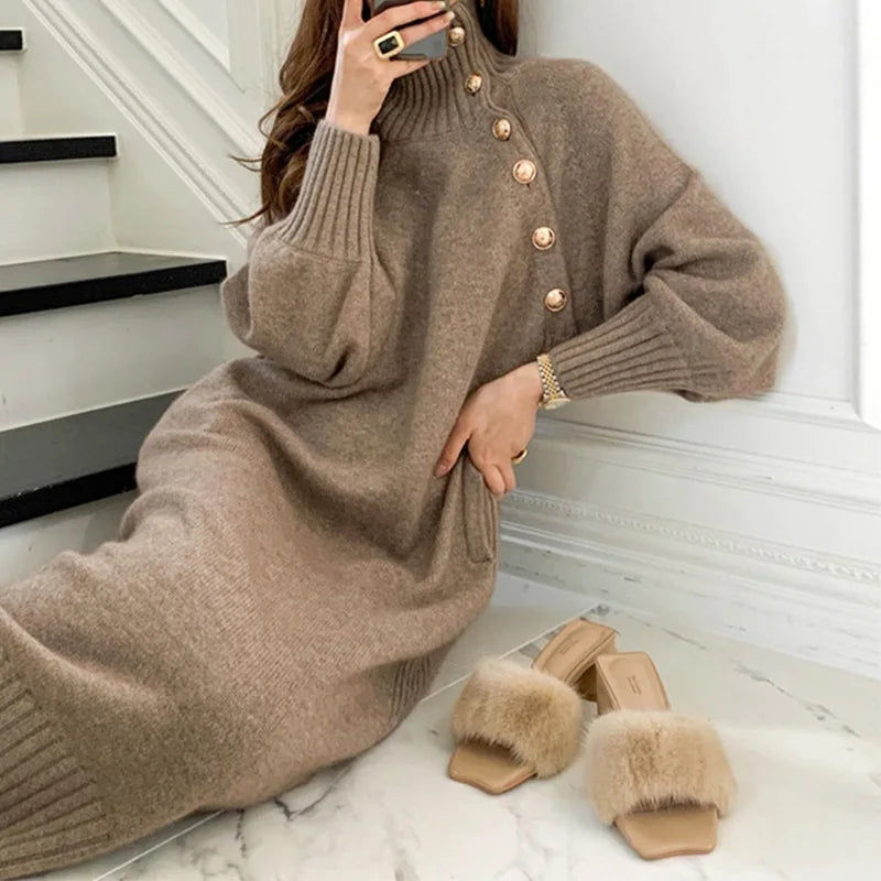 French Style Autumn Winter New Simple Solid Color Women's Elegant Anti-Wrinkle 100% Polyester Sweater Dress Clothing Elastic