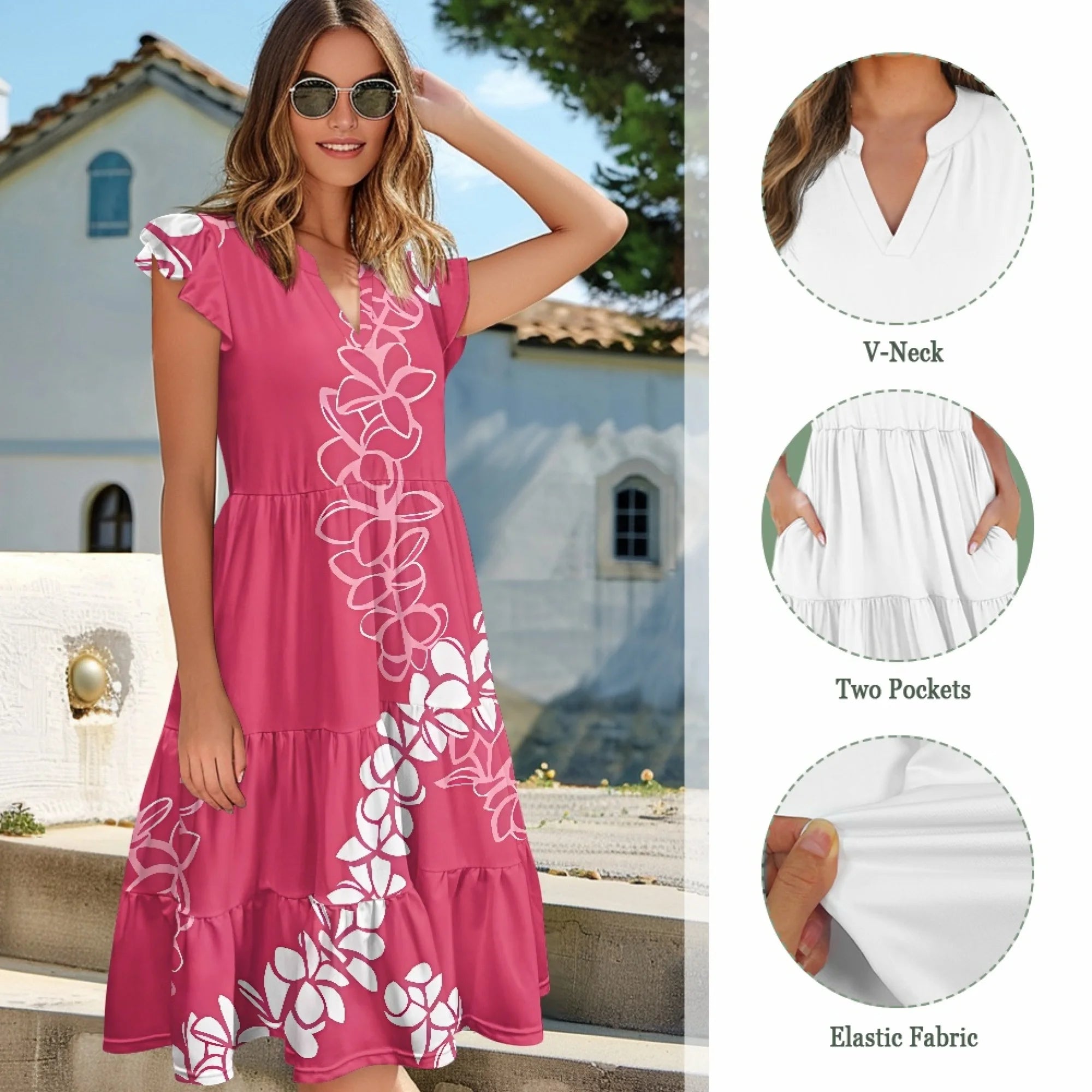 Print on Demand Wholesale Hawaii Beautiful Women's Plus Size Wrap v Neck Short Sleeve Ruffle Hem a Line Short Dress with Pockets